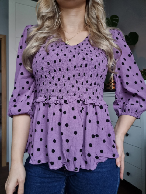 Purple polka dot blouse made of viscose with puffs Purple polka dot blouse made of viscose with puffs
