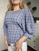 Viscose checked blouse with puffed sleeves and a tie at the back