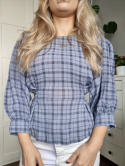 Viscose checked blouse with puffed sleeves and a tie at the back