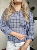 Viscose checked blouse with puffed sleeves and a tie at the back