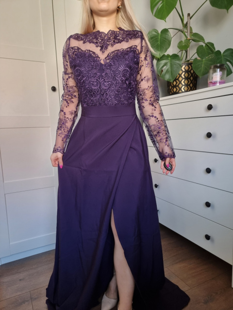 Purple ball gown with lace and slit