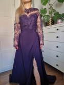 Purple ball gown with lace and slit