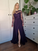 Purple ball gown with lace and slit