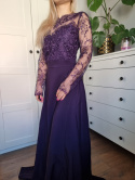 Purple ball gown with lace and slit