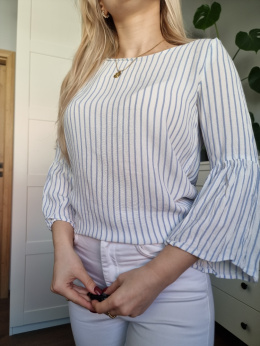 White blouse with blue stripes, frill on the sleeves, viscose, size S