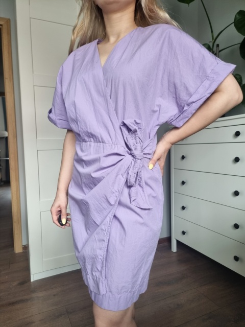 Kopertowa lawendowa sukienka / kimono, r. M, bawełna Kopertowa lawendowa sukienka / kimono, r. M, bawełna