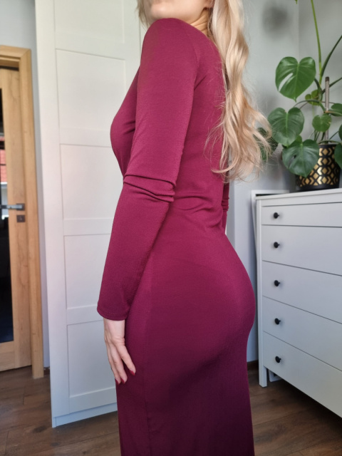 Bordowa sukienka z dzianiny, kopertowa, wieczorowa Bordowa sukienka z dzianiny, kopertowa, wieczorowa