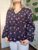 Beautiful shirt with a tab, black pink with polka dots, puffs, r. S