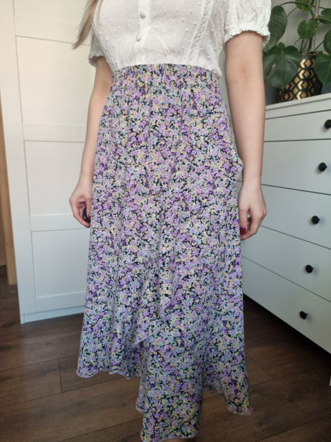 Spódnica maxi z falbaną, w drobne kwiatuszki, na zakdładkę, gumka, r S Spódnica maxi z falbaną, w drobne kwiatuszki, na zakdładkę, gumka, r S