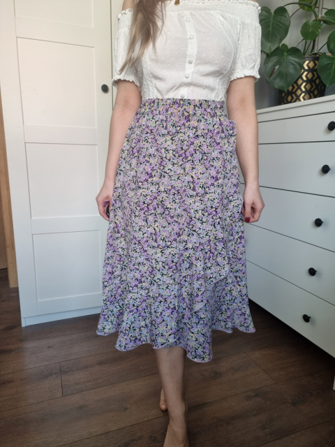 Spódnica maxi z falbaną, w drobne kwiatuszki, na zakdładkę, gumka, r S Spódnica maxi z falbaną, w drobne kwiatuszki, na zakdładkę, gumka, r S