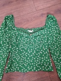 Green blouse with puff sleeves and floral pattern, size L, viscose