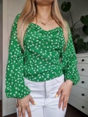 Green blouse with puff sleeves and floral pattern, size L, viscose