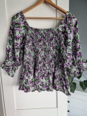 Viscose blouse with delicate floral pattern in purple and green, puff sleeves, elastic cuffs, square neckline, size M