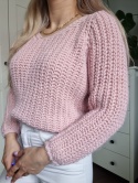 Rożowy sweter z moherem i wełną, złota nitka